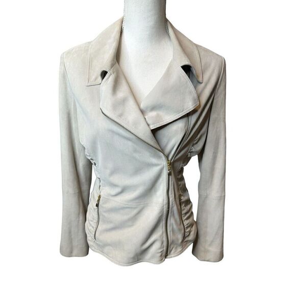 ST JOHN Moto Jacket Lamb Suede Leather Beige Zip Up Ruched Silk Lined Size 8 - Picture 1 of 12
